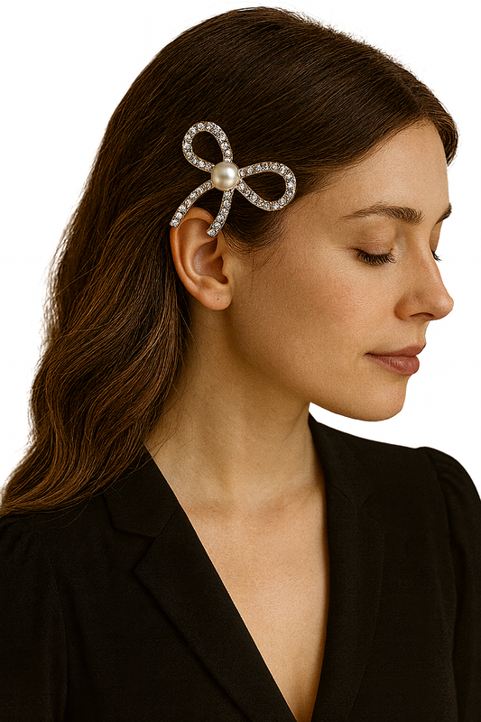 Elegant Crystal Bow Hair Clip with Pearl Center – Luxe Hair Accessory