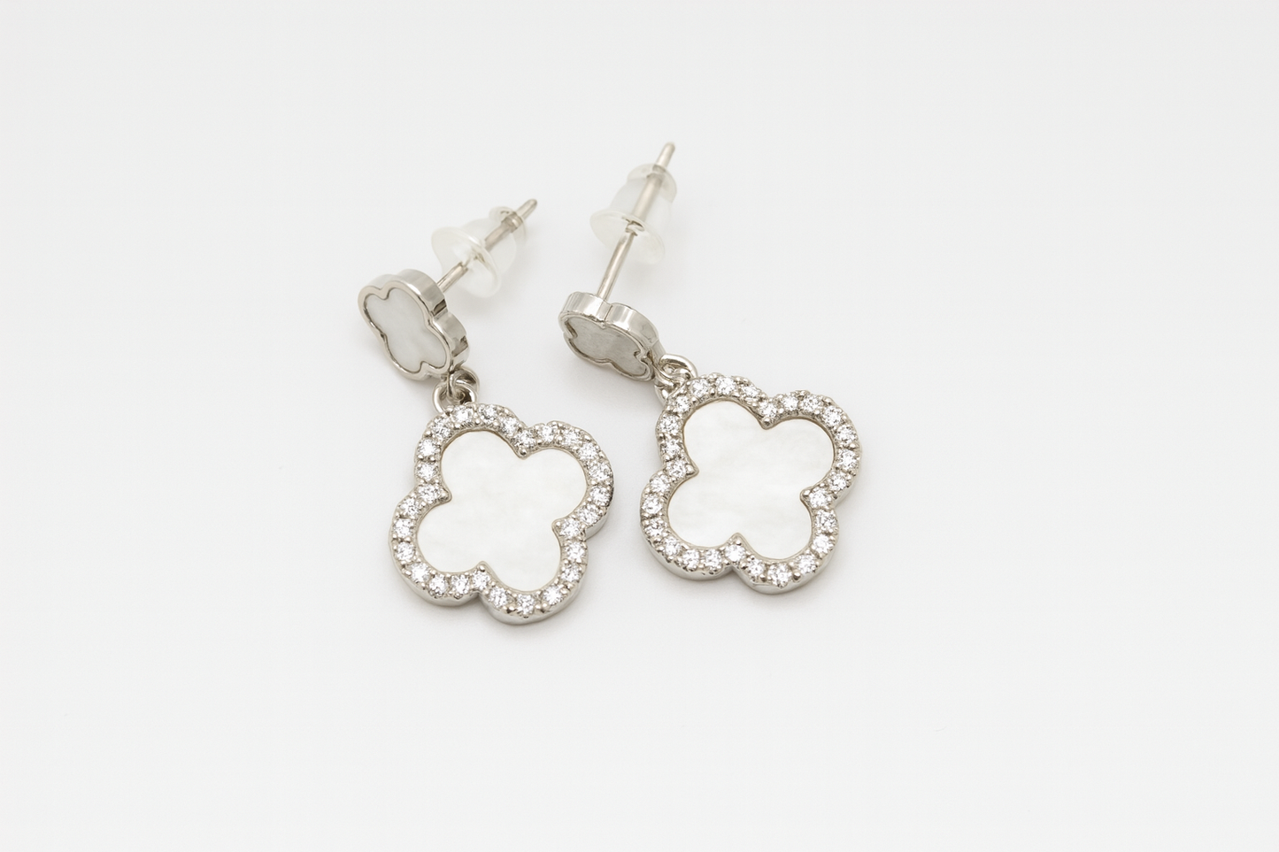 Elegant Clover Drop Earrings with Mother-of-Pearl & Crystal Accents