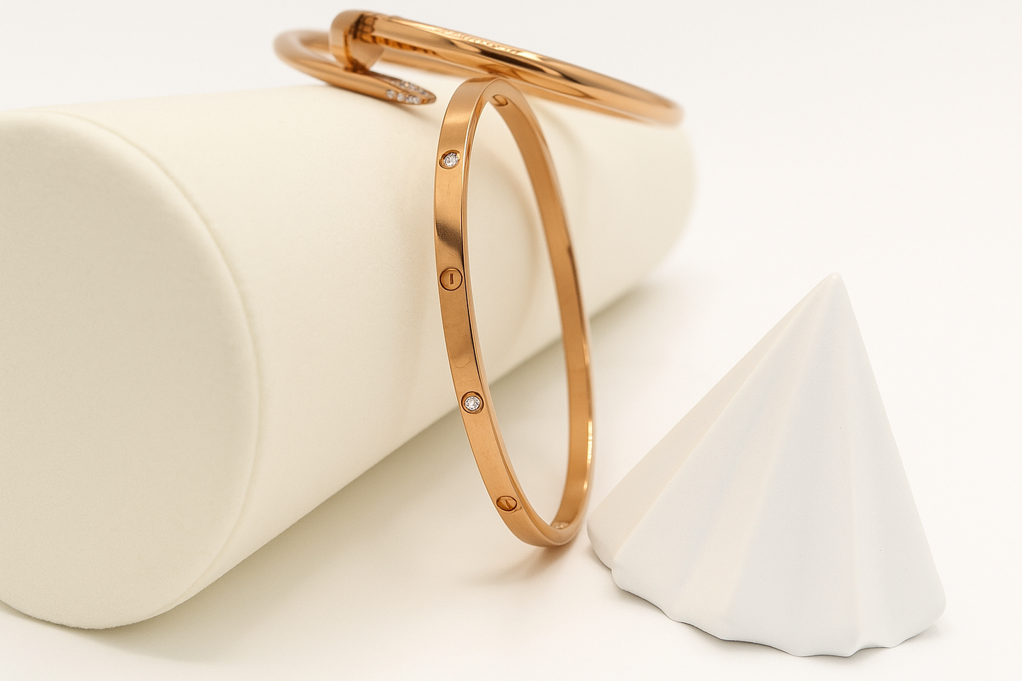 Elegant Rose Gold Nail & Screw Motif Diamond Bangle Set