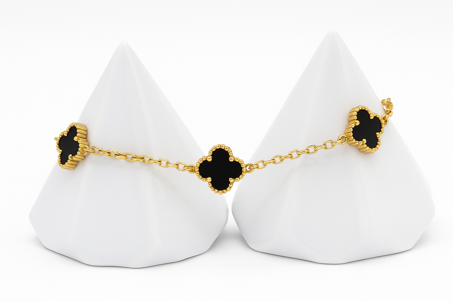Elegant Gold Clover Bracelet with Black Onyx Charms