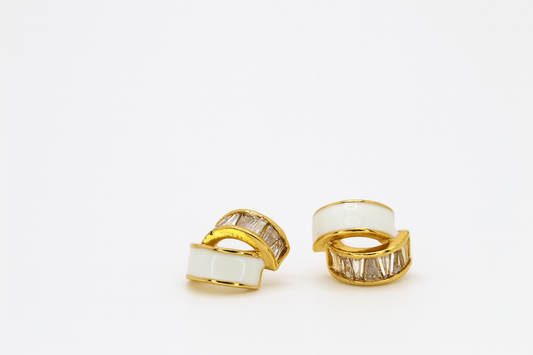Elegant Gold & White Enamel Hoop Earrings with Baguette Crystals