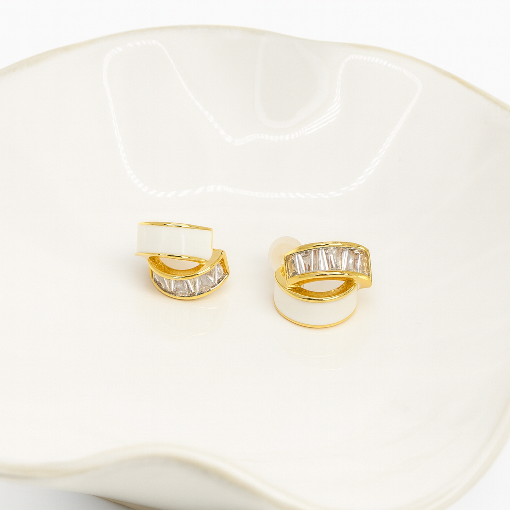 Elegant Gold & White Enamel Hoop Earrings with Baguette Crystals