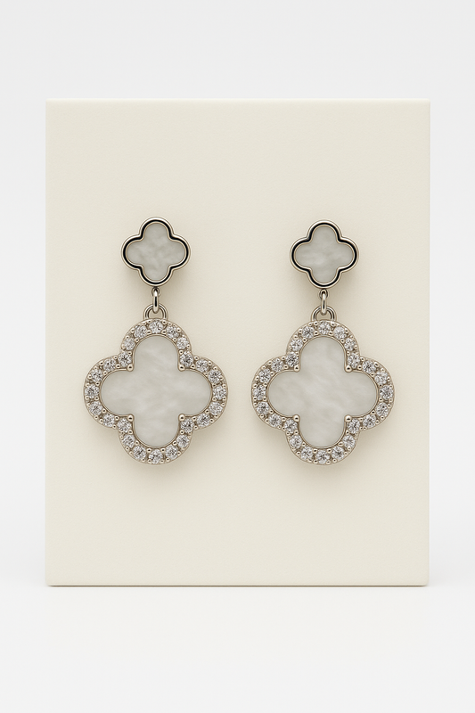 Elegant Clover Drop Earrings with Mother-of-Pearl & Crystal Accents