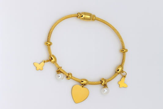 Elegant Rose Gold Charm Bracelet with Heart, Pearls & Butterflies