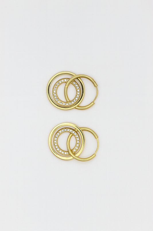 Golden Radiance Double Hoop Earrings with Crystal Accents