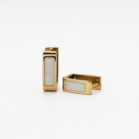 Elegant Gold Rectangular Hoop Earrings with Mother-of-Pearl Inlay