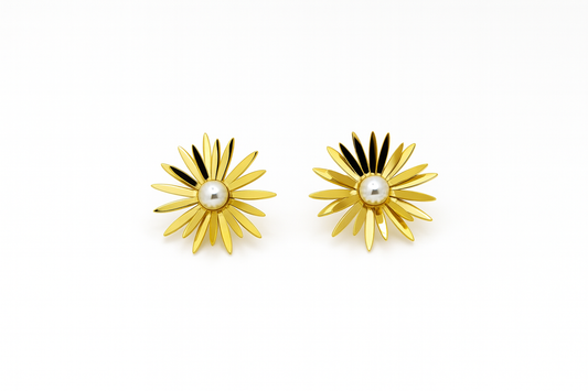 Golden Daisy Pearl Stud Earrings