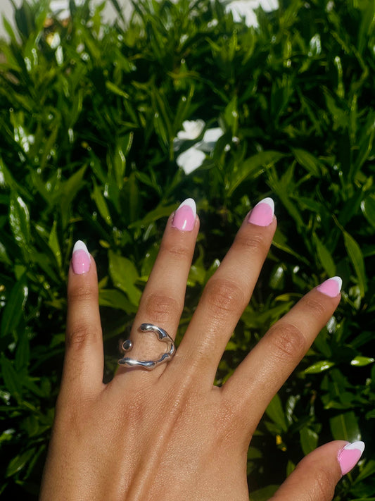 Liquid Silver Drip Ring – Adjustable Sculptural Open Band with Ball Detail