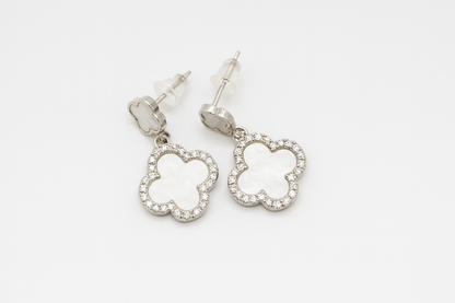 Elegant Clover Drop Earrings with Mother-of-Pearl & Crystal Accents