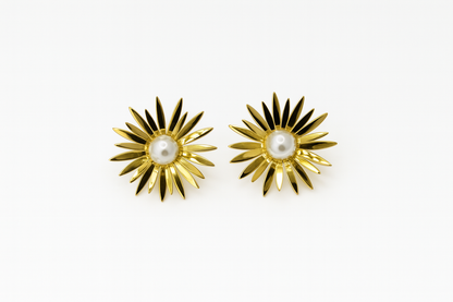 Golden Daisy Pearl Stud Earrings