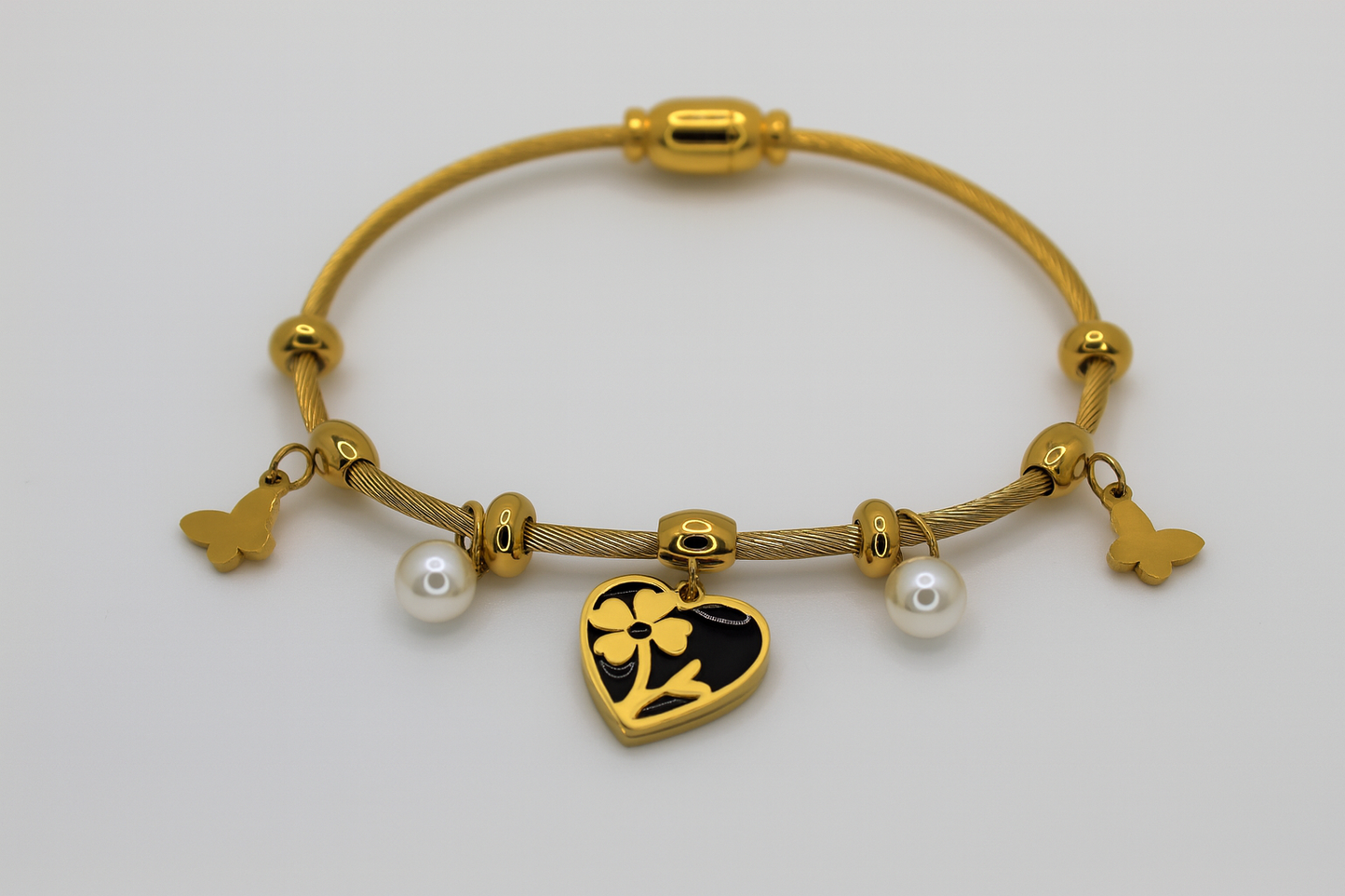 Elegant Rose Gold Charm Bracelet with Heart, Pearls & Butterflies