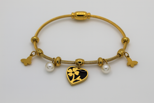 Elegant Rose Gold Charm Bracelet with Heart, Pearls & Butterflies