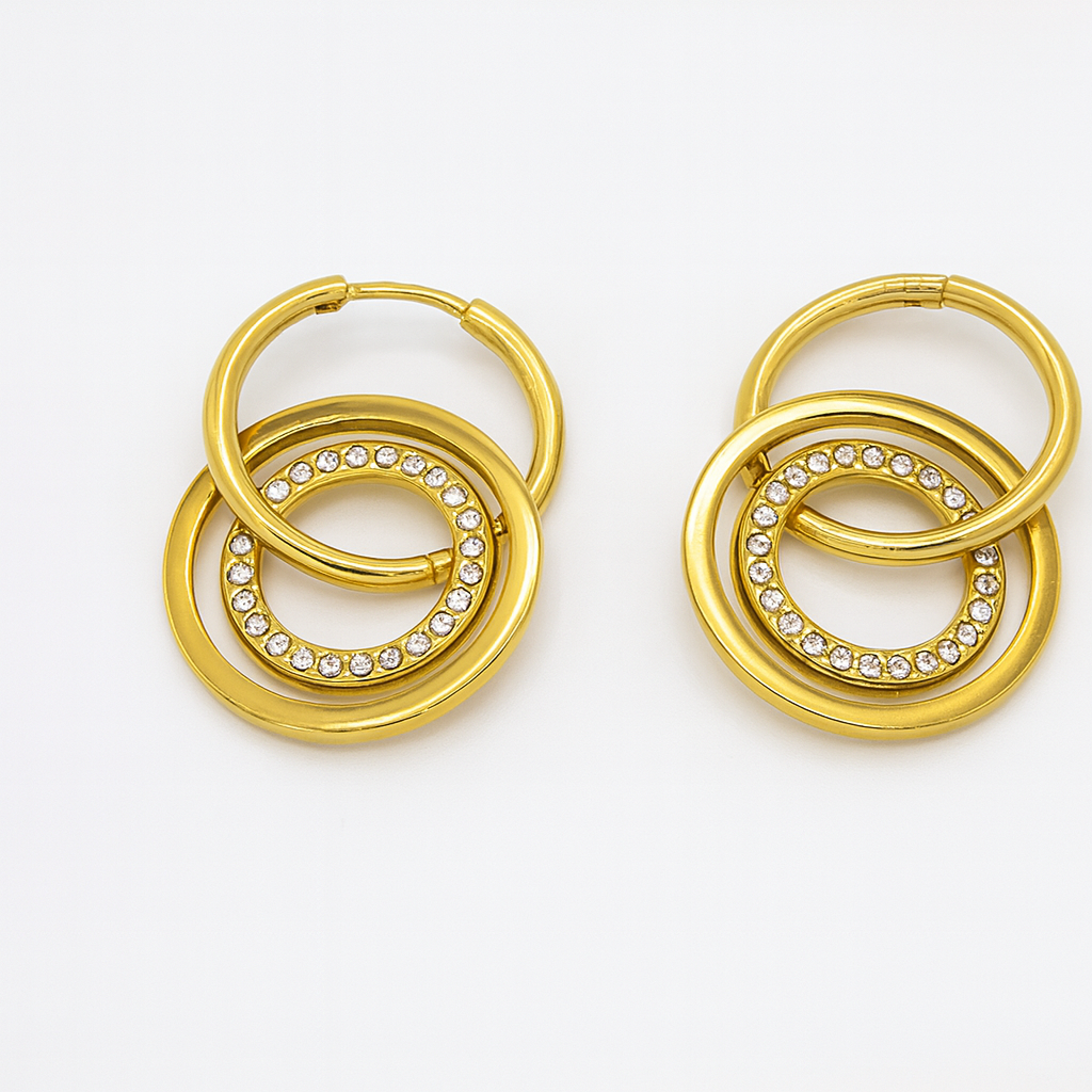 Golden Radiance Double Hoop Earrings with Crystal Accents