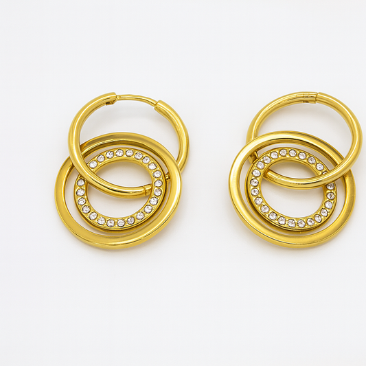 Golden Radiance Double Hoop Earrings with Crystal Accents