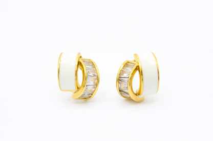 Elegant Gold & White Enamel Hoop Earrings with Baguette Crystals