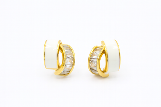 Elegant Gold & White Enamel Hoop Earrings with Baguette Crystals