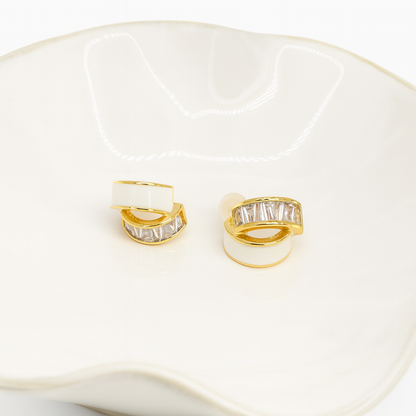 Elegant Gold & White Enamel Hoop Earrings with Baguette Crystals