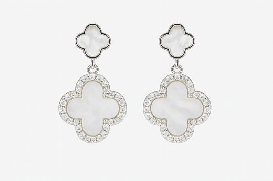 Elegant Clover Drop Earrings with Mother-of-Pearl & Crystal Accents