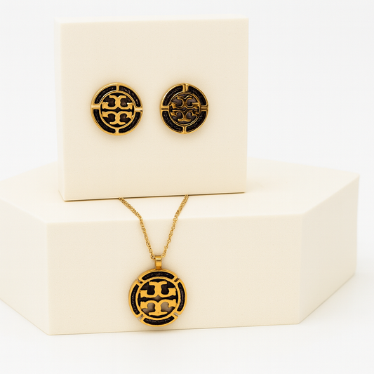 Elegant Gold-Tone Logo Stud Earrings & Necklace