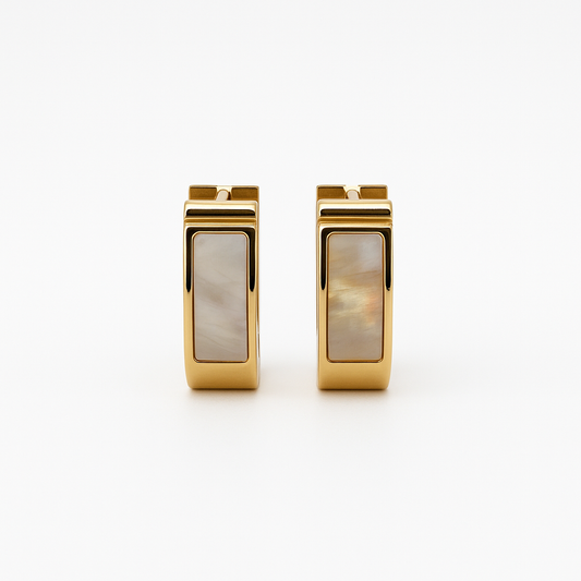 Elegant Gold Rectangular Hoop Earrings with Mother-of-Pearl Inlay