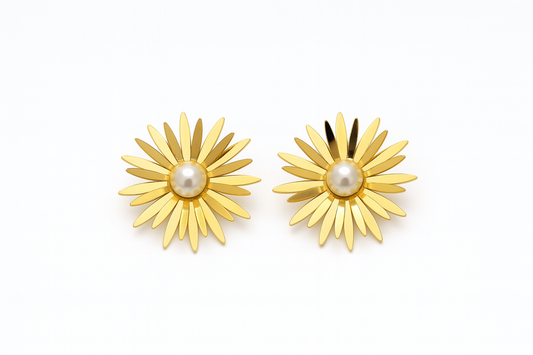 Golden Daisy Pearl Stud Earrings