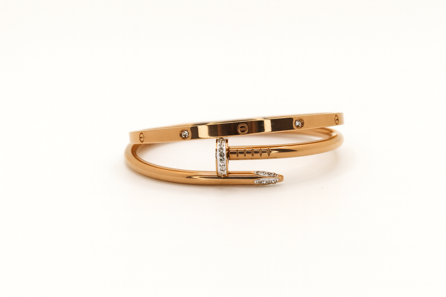 Elegant Rose Gold Nail & Screw Motif Diamond Bangle Set