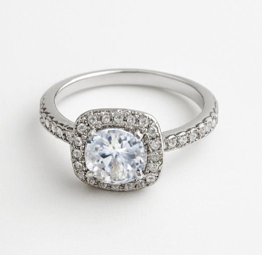 Cushion-Cut Halo Engagement Ring – Silver-Tone with Sparkling Cubic Zirconia